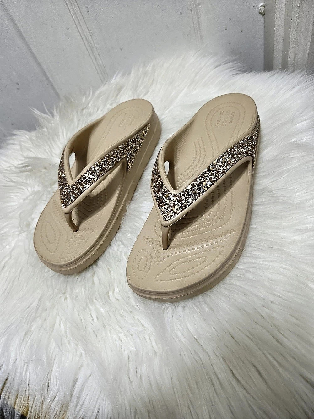 Crocs Crocband™ Flip Rhinestone Flip Flops Beige US 8 Like New